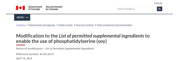 Canada Updates the List of Permitted Supplemental Ingredients — Phosphatidylserine (Soy) Approved as a Food Supplement Ingredient